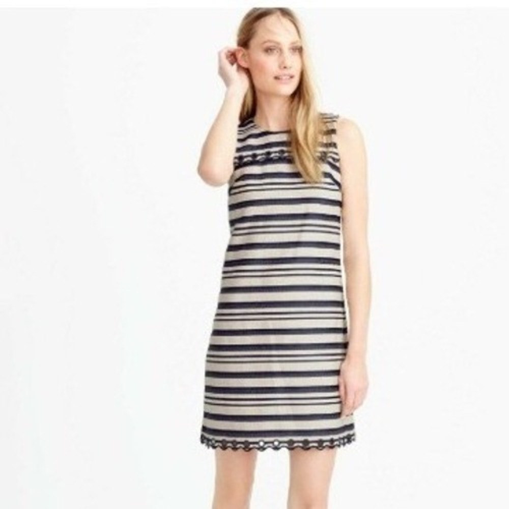 J.Crew Shift Dress Blue White 6 Women Scallop Stripe Sleeveless E8993